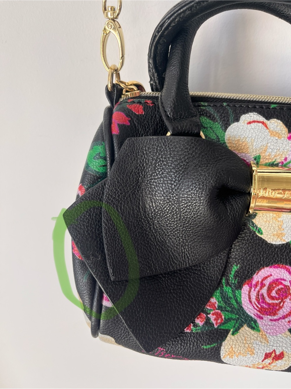 2 for $40- Betsey Johnson Black Floral Satchel with Gold Hardware and Large Bow - Picture 4 of 7